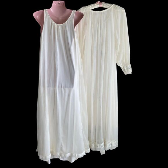 Vintage Miss Elaine Nightgown Robe Set Womens Medium White Sheer Lace Floral 70s - Picture 5 of 6